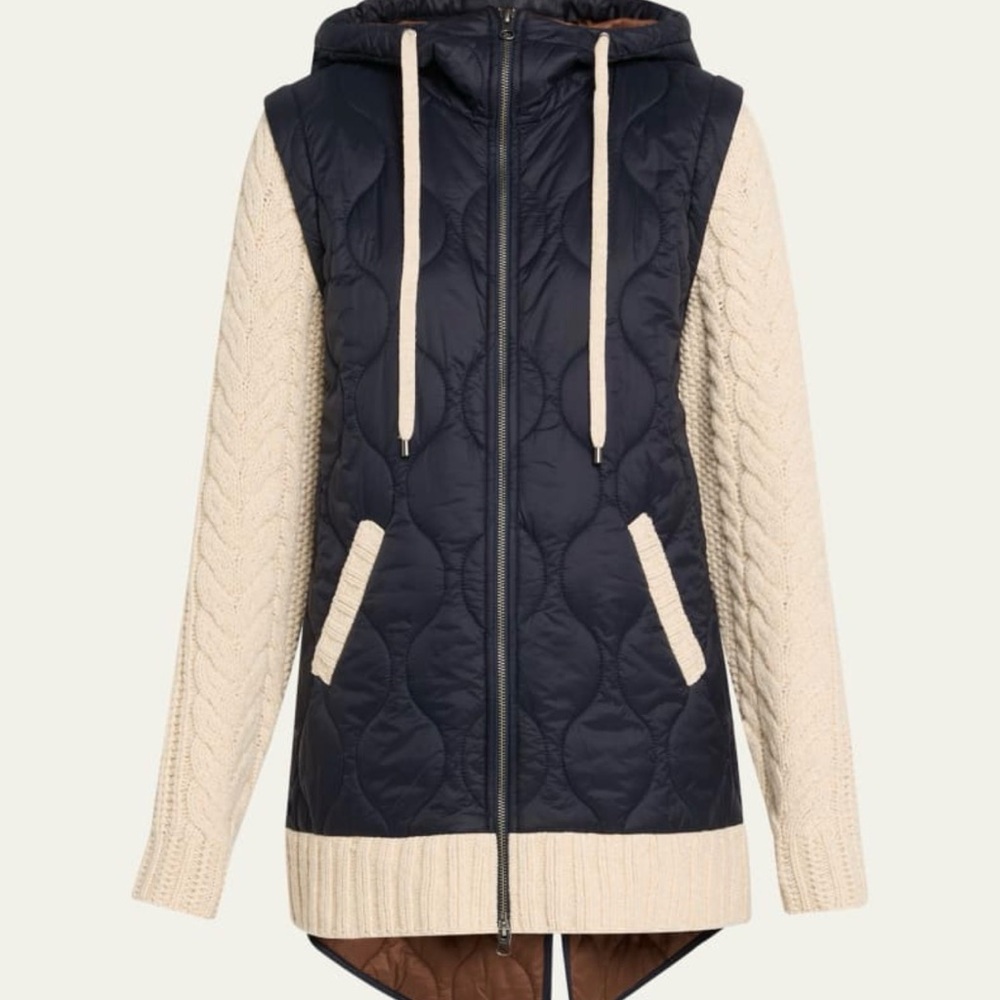 Veronica Beard navy quilted body with cream cable-knit sleeves jacket